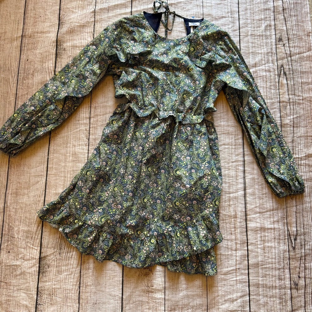 Topshop Liberty Print Floral Ruffle Tie Open Back Green Skater  Dress US Size 6
